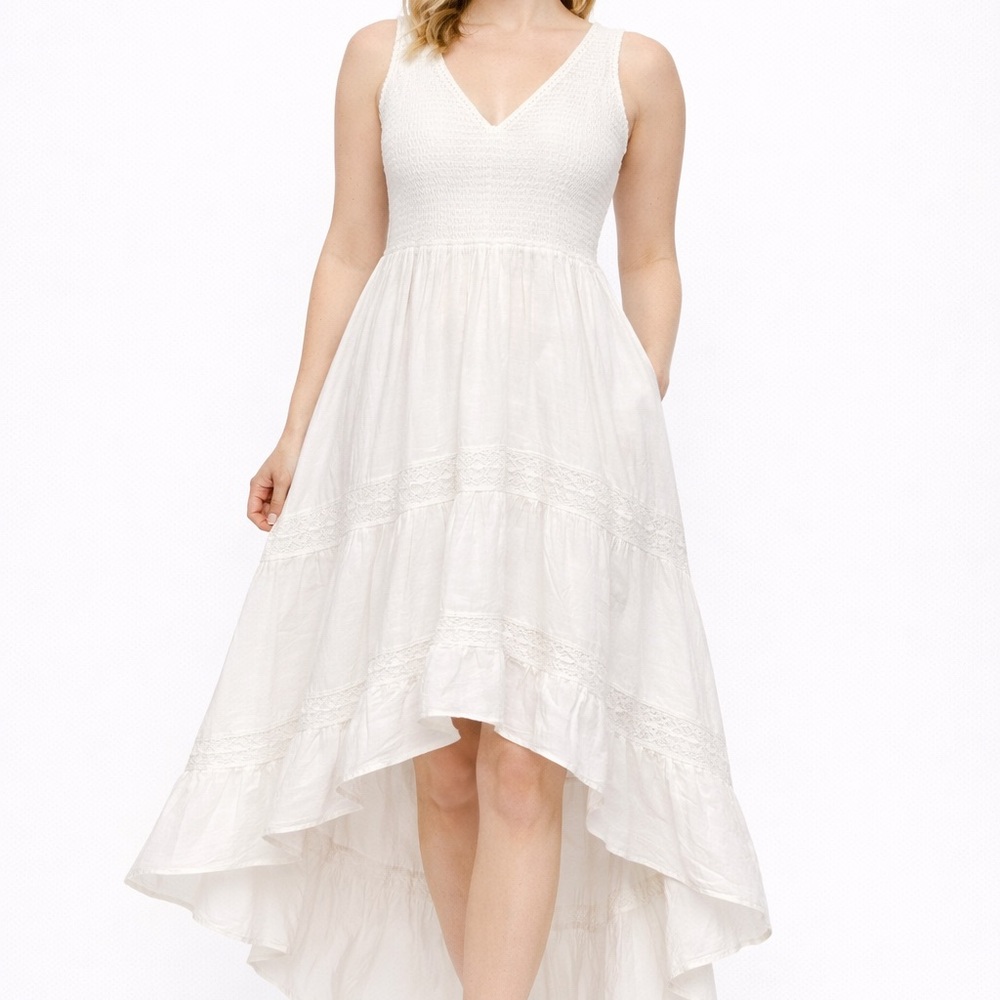 Free People hi-low V‎ neck tiered lace White Midi Dress S